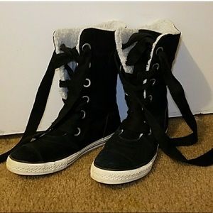 Converse Leather wide lace boot shoes sneaker black white shearling inside